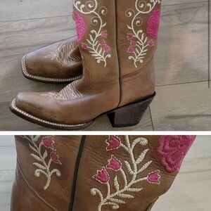 Brown and Pink Embroidered Women's Boots